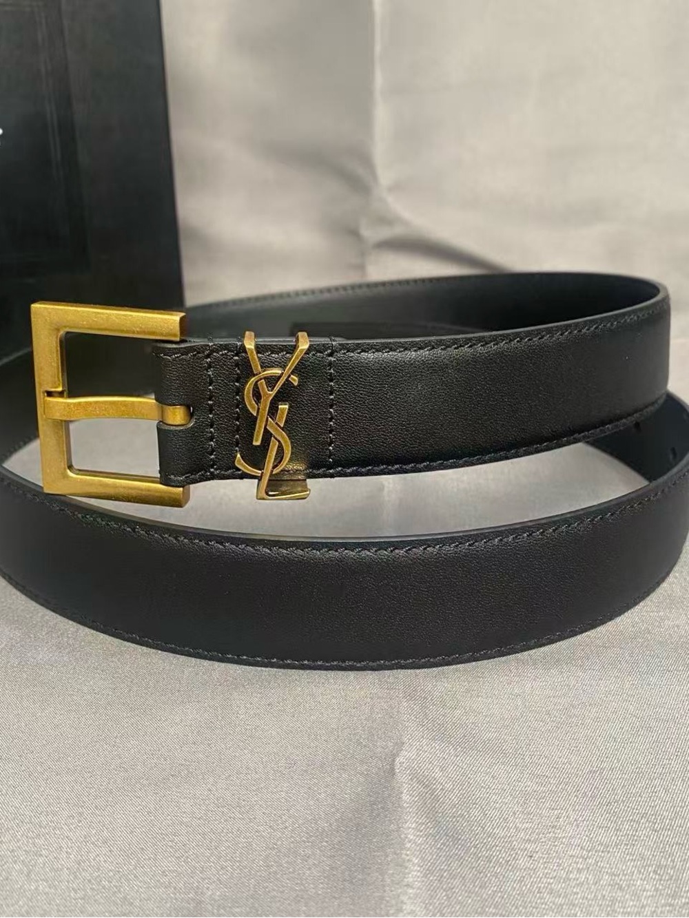 YSL Gold Buckle Belt Black Leather 85cm 34in Women’s 3cm